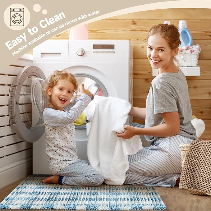 Waffle Runner Rug Bathroom, Long Boho Bathroom Rugs Non Slip Washable Absorbent Checkered Bathroom Mat Quick Dry Cute Bath Mat, 60"x24" Blue and White