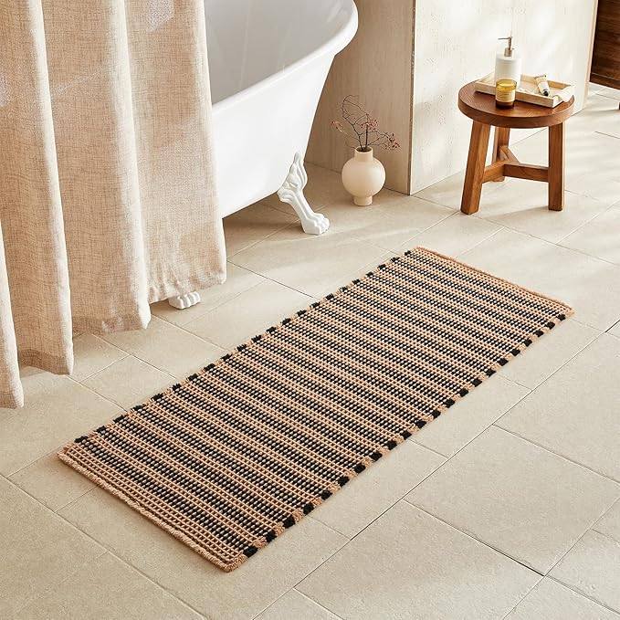 Waffle Runner Rug Bathroom, Long Boho Bathroom Rugs Non Slip Washable Super Absorbent Quick Dry Farmhouse Bath Decor, 60"x24" Black and Khaki