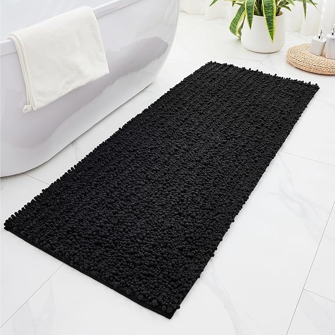 Non Slip Bathroom Rug Machine Washable Thick Black Bath Mat 24x44 Soft Absorbent Bathroom Floor Mat Chenille Bath Rug for Shower Tub