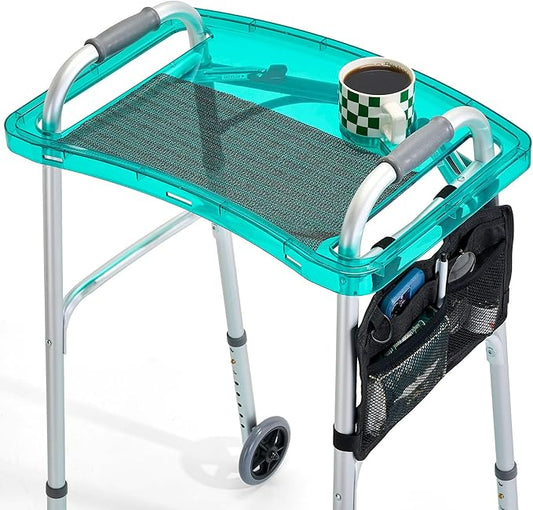 SoulThink® Full Transparency Walker Tray - Essential Walker Accessories Compatible with Most Walkers for Seniors, Walker Tray for Folding Walker with Utility Bag, Non-Slip Mat & Cup Holder (Green)
