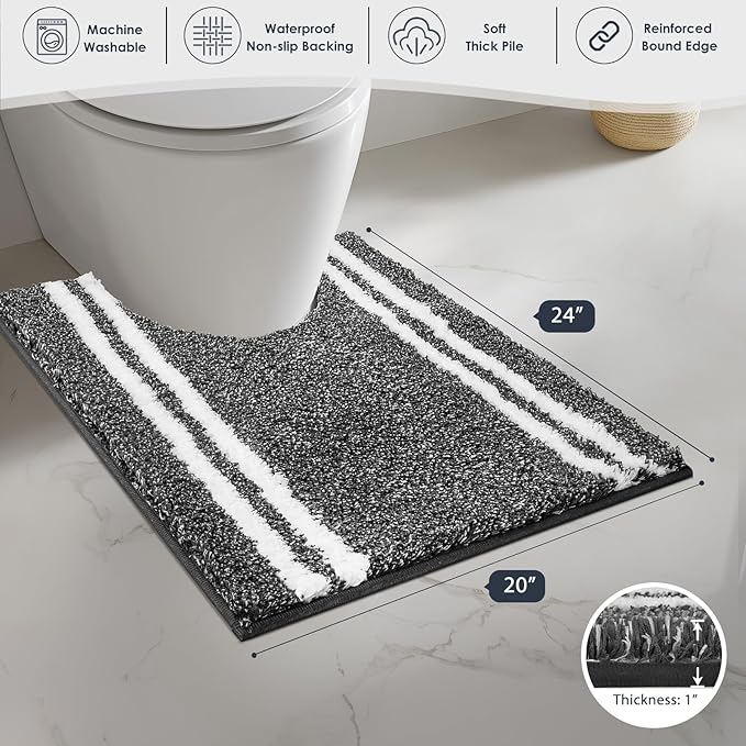 PURRUGS Bathroom Rug Non-Slip Machine Washable 20" x 24" U-Shaped, Super Absorbent and Quick Dry Shaggy Microfiber Bath Mat, Extra Soft and Plush Contour Rug for Toilet Base, Charcoal