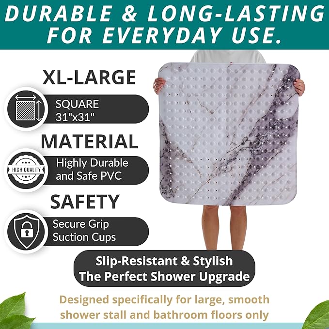 ENKOSI Extra Large Square Non Slip Shower Mat - 31 x 31-inch XL Bathroom Shower Mat - Square Shower Matts for Shower Stall Floors - Secure Suction Cups and Drain Holes (31x31 Marble Grey)
