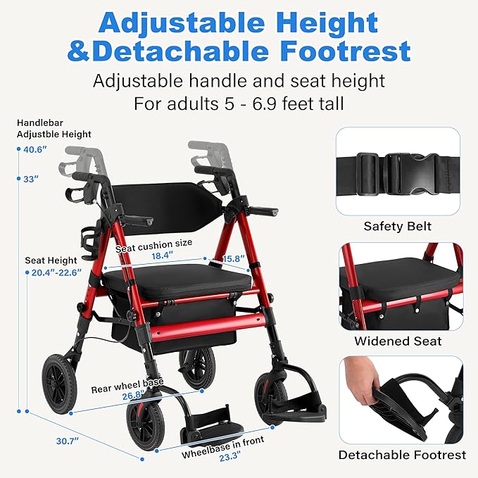 Walkers for Seniors,Heavy Duty Rollator Walker Wheelchair Combo, 2 in 1 Rollator Transport Chair with Brakes, 450 lb Rolling Walker 10" Big Wheels for All Terrain, Red
