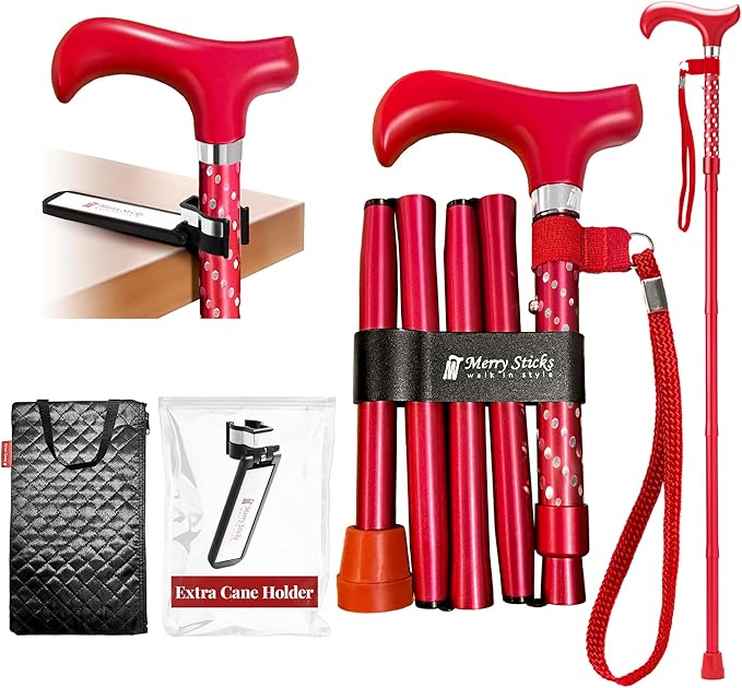 [Combo] Merry Sticks Lightweight Foldable Walking Canes for Women and Men, Adjustable & Collapsible Walking Stick for Seniors, Includes A Cane Bag & A Smart Reflective Cane Holder