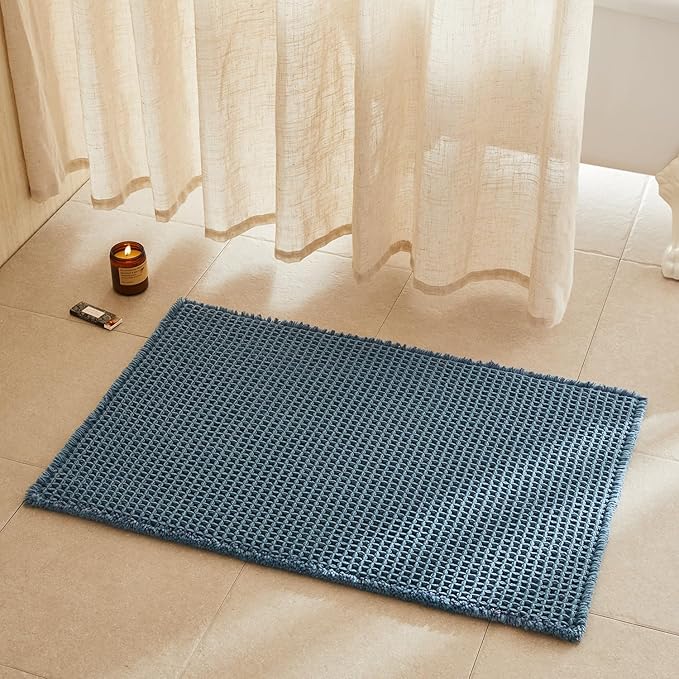 Waffle Bath Mat, Boho Bathroom Rugs Non Slip Washable Super Absorbent Quick Dry Bath Mat Farmhouse Bathroom Decor, 36"x24" Denim Blue