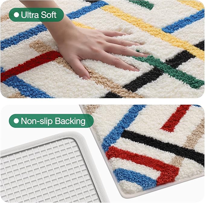 LUMI Bathroom Rugs with Colorful Line, Soft Absorbent Bath Mat for Modern Home Decor, Non-Slip Quick-Dry Bath Rug, Machine Washable Floor Mat for Shower and Tub, Entryway, 24"x36", Colored Line