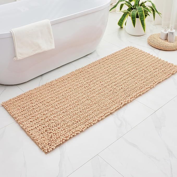 Non Slip Bathroom Rug Machine Washable Thick Beige Bath Mat 24x44 Soft Absorbent Bathroom Floor Mat Chenille Bath Rug for Shower Tub
