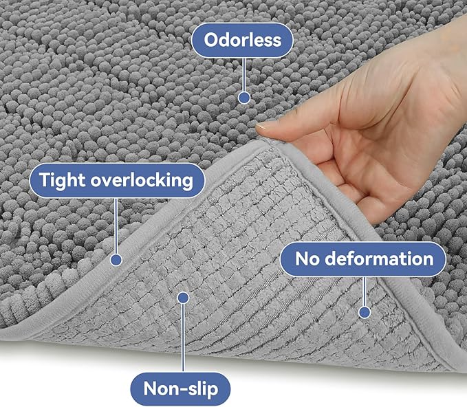 Bcoimo 24"×17" Chenille Bath Mat – Non-Slip with Backing Bath Rug Ultra-Absorbent and Machine Washable Bathroom Mat Quick-Dry Design. Ideal for Bathroom and Tub Areas