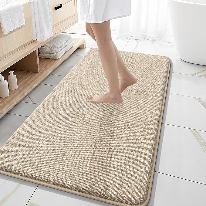 OLANLY Thick Memory Foam Bath Mat Rug 47x20, Extra Soft Absorbent Bathroom Rug, Quick Dry Bath Mats, Non-Slip, Machine Washable Carpet for Bathroom, Tub and Shower, Home Decor Accessories, Beige
