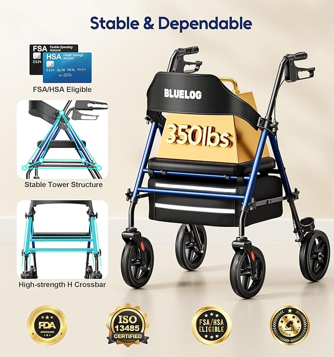 Walkers for Seniors Rollator Walkers with Seat, 350lb Capacity with Cup Holder & Cane Holder, 8'' All Terrain Wheels, Adjustable Handles and Seat Height, Foldable Design, Blue