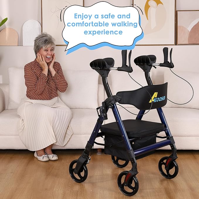 Heavy Duty Upright Walker, Rollator Walkers for Seniors with Seat, Foldable Stand Up Rolling Walker, Standing Walkers for Seniors, Adjustable Seat & Handle, Aluminum, 450 Lb. Weight Capacity, Blue