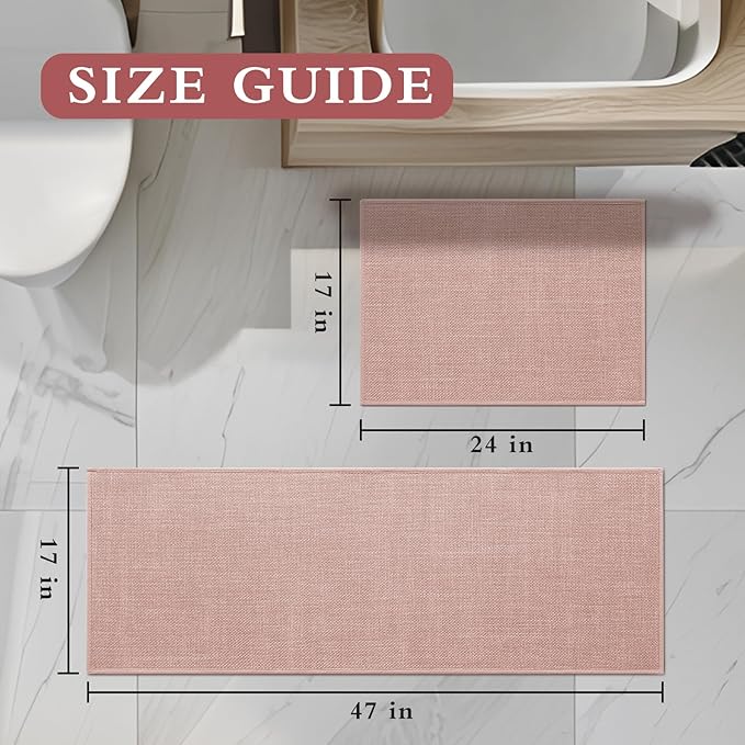 YIHOUSE Pink Bathroom Rug Set, 2 Piece, 17"x24" + 17"x47", Non-Slip, Quick Dry, Machine Washable, Modern Style, Bath Mat