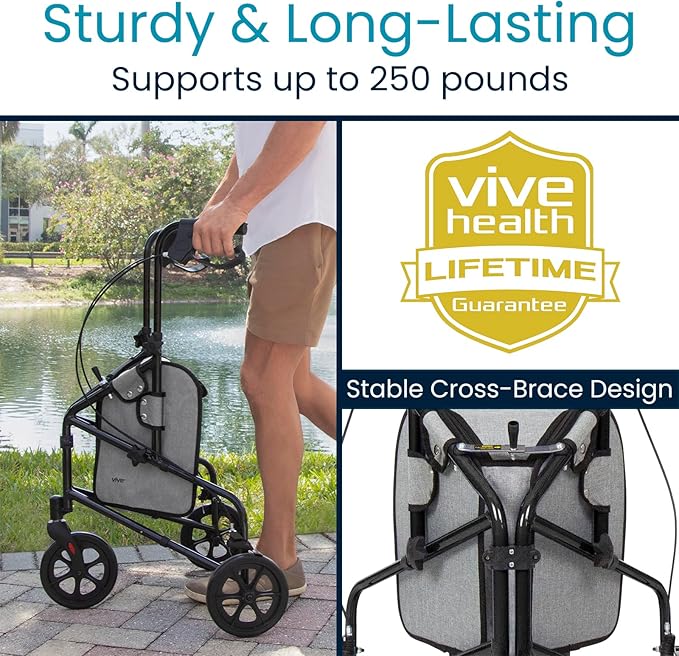 Vive Mobility 3 Wheel Walker - Three Wheeled Rollator for Seniors - Lightweight, Foldable, Narrow, Heavy Duty - for Elderly Men Women - Folding 3-Wheel Tri Scooter with Basket Bag