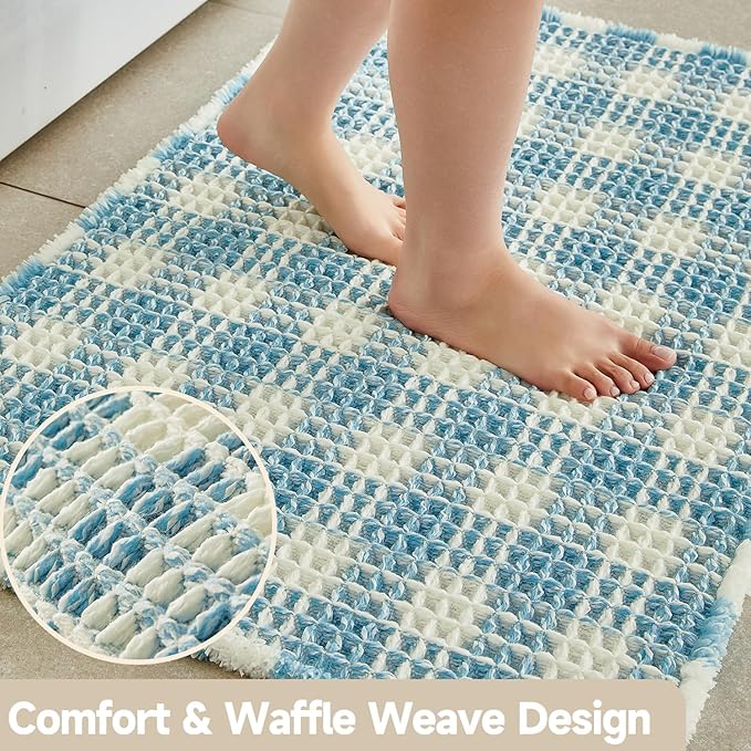 Waffle Bath Mat, Boho Bathroom Rugs Non Slip Washable Absorbent Checkered Bathroom Mat Quick Dry Cute Bath Mat, 24"x16" Blue and White