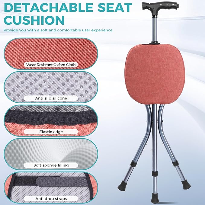 Portable Adjustable Folding Walking Cane with Seat and Cushion，Cane seat for Seniors with Magnetic Massage Handle, Lightweight Walking Cane with LED Light，Supports up to 330 Pounds