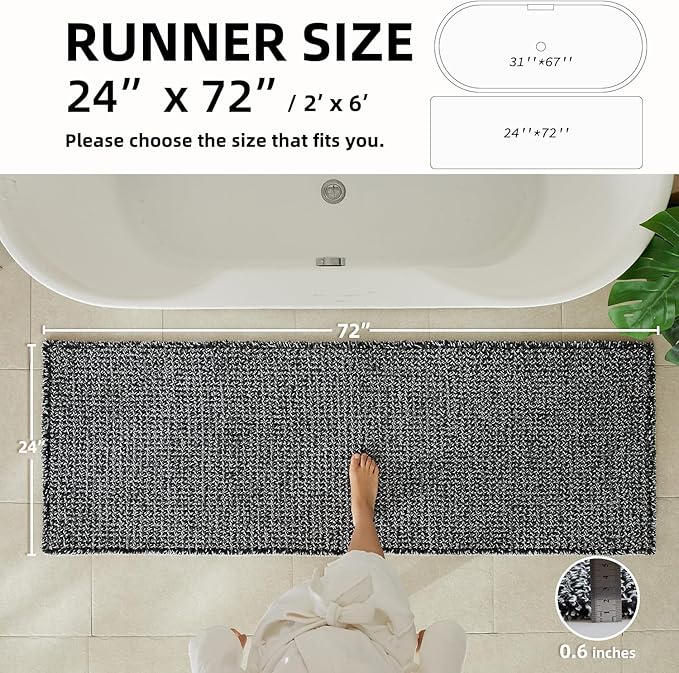 Black and White Bathroom Rugs, Waffle Runner Rug Bathroom Non Slip Washable Long Super Absorbent Quick Dry Boho Farmhouse Bath Decor, 72"x24" Black and White