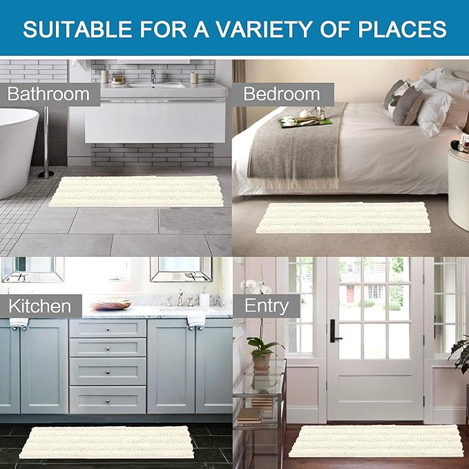 Non Slip Thick Shaggy Chenille Bathroom Rug Mat Set Extra Soft and Absorbent Striped Floor Rugs, 2 Piece, Machine-Washable