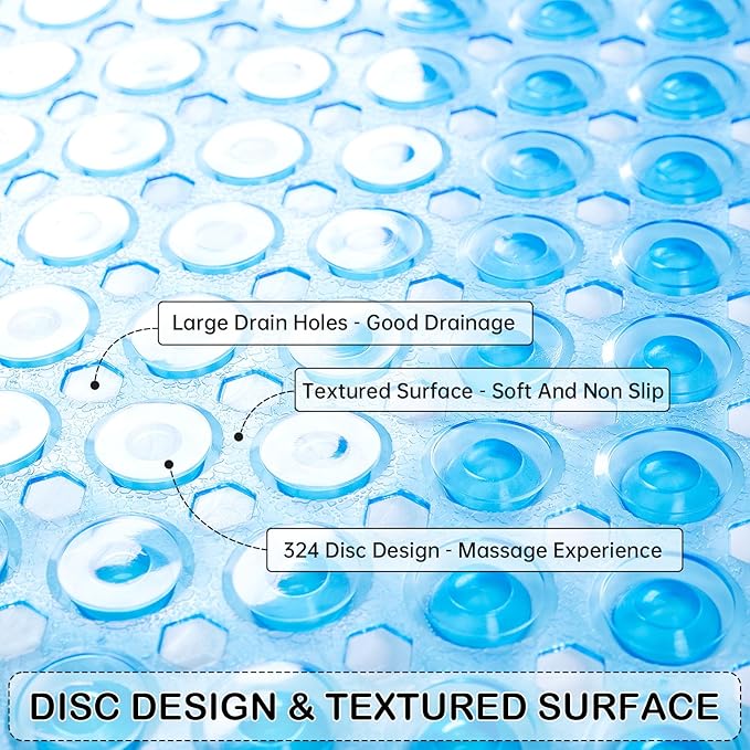 Linoows Non-Slip Bathtub and Shower Mats, Power Grip Bath Mat 35 x 16.3 Inch with Suction Cups and Drain Holes for Tub Bathroom Floor Safety, Machine Washable Soft Bathmat, Clear Blue