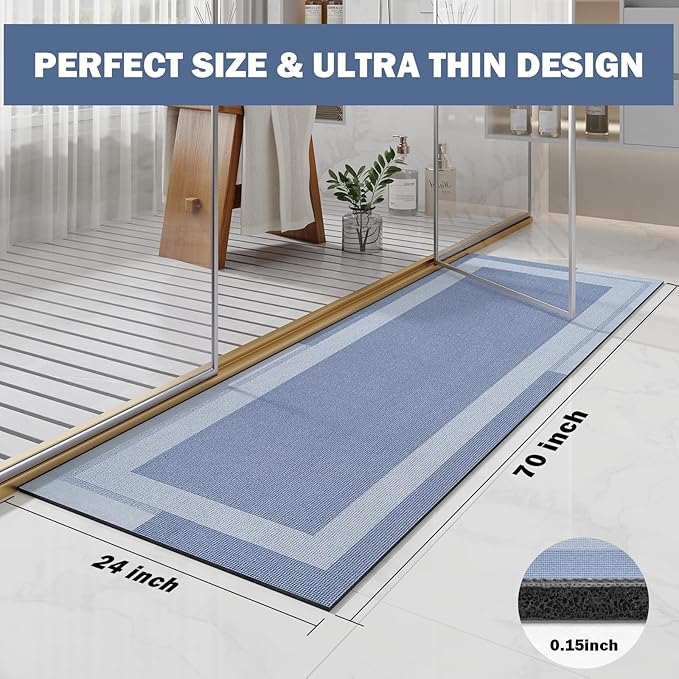 Extra Long Non Slip Bathroom Runner Bath Mat, Rubber Backing Ultra Thin Bath Rug Fit Under Door Quick Dry Super Absorbent Washable Shower Mat for Bathroom Floor Bathtub Sink, Blue 24"x70"