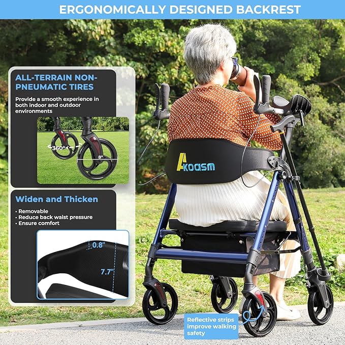 Heavy Duty Upright Walker, Rollator Walkers for Seniors with Seat, Foldable Stand Up Rolling Walker, Standing Walkers for Seniors, Adjustable Seat & Handle, Aluminum, 450 Lb. Weight Capacity, Blue