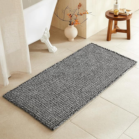 Black and White Bathroom Rugs, Waffle Bath Mat Non Slip Washable Super Absorbent Quick Dry Boho Farmhouse Bathroom Decor, 48"x24" Black and White