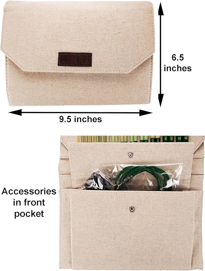 Lykke Grove 5 in. Complete Set US Sizes US 3, 4, 5, 6, 7, 8, 9, 10, 10.5, 11, 13, 15 Interchangeable Circ. Knitting Needles for DK, Worsted, Chunky Yarns, Bamboo, 5 Cords, Beige JU Case, Project Bag