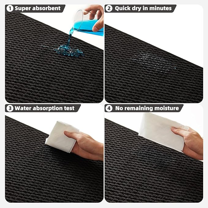 Black Bathroom Runner Rugs, Long Bath Mat Runner Washable Thin Quick Dry Low Pile Bathroom Runner Rugs Non Slip, Black 24''x70''