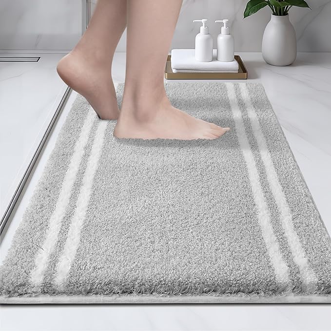 PURRUGS Bathroom Rug Non-Slip Machine Washable 20" x 30", Super Absorbent and Quick Dry Shaggy Microfiber Bath Mat, Extra Soft and Plush Bath Rug for Bathtub, Shower and Sink, Light Grey