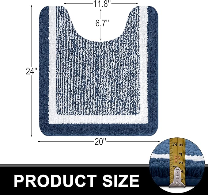 OLANLY Toilet Rugs U-Shaped 24x20, Extra Soft and Absorbent Microfiber Bathroom Rugs, Non-Slip, Machine Wash Dry, Plush Shaggy Contour Bath Mats for Toilet Base (Navy and White)