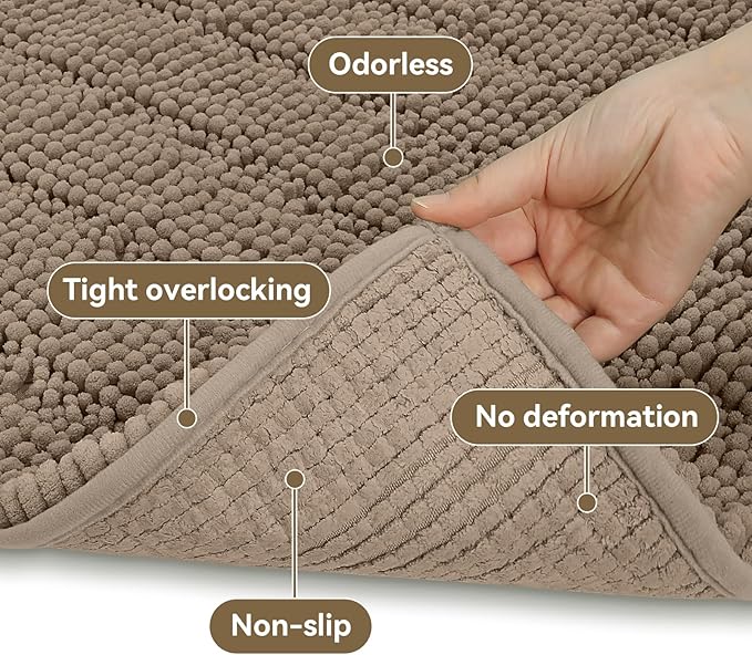 Bcoimo 24"×17" Chenille Bath Mat – Non-Slip with Backing Bath Rug Ultra-Absorbent and Machine Washable Bathroom Mat Quick-Dry Design. Ideal for Bathroom and Tub Areas