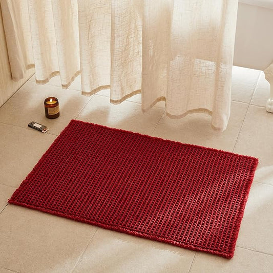 Waffle Bath Mat, Boho Bathroom Rugs Non Slip Washable Super Absorbent Quick Dry Bath Mat Farmhouse Bathroom Decor, 36"x24" Burgundy