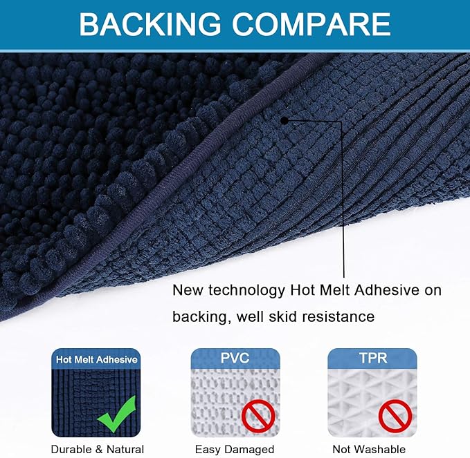 H.VERSAILTEX Bath Mats for Bathroom Non Slip Extra Thick Chenille Striped Bath Rug 24" x 36" Absorbent Non Skid Fluffy Soft Shaggy Rugs Washable Dry Fast Plush Mats for Indoor, Bath Room, Tub - Navy