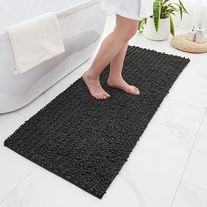 Non Slip Bathroom Rug Machine Washable Thick Dark Grey Bath Mat 24x44 Soft Absorbent Bathroom Floor Mat Chenille Bath Rug for Shower Tub