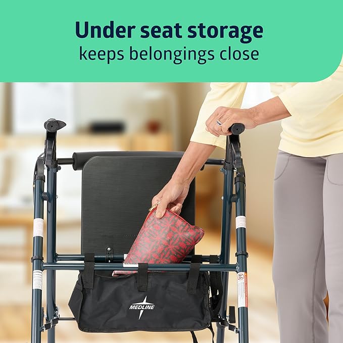 Medline Superlight Folding Aluminum Mobility Rollator Walker, Smoky Blue, 250 lb. Weight Capacity, 6" Wheels, Adjustable Arms and Seat, Foldable Rolling Walker for Seniors