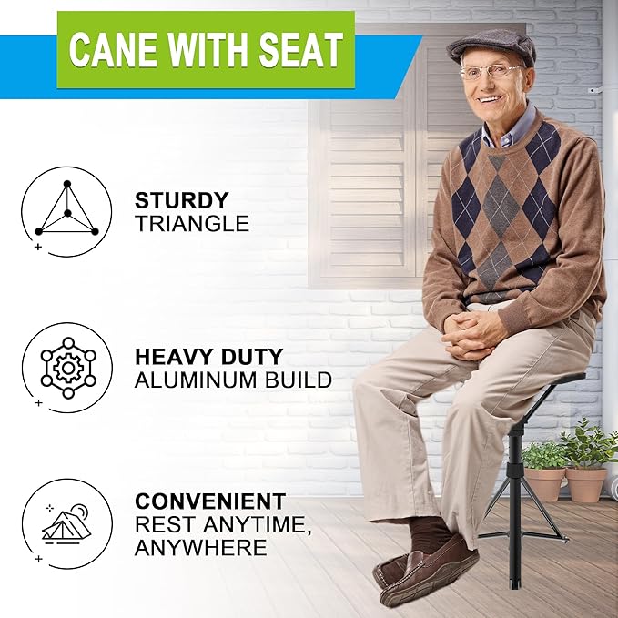 Cane with Seat Portable Walking Stick Folding Chair Lightweight Aluminum Mobility Aid Crutch Chair Height Adjustable with Carry Bag for Seniors Elderly Handicap Waiting/Queuing/Fishing