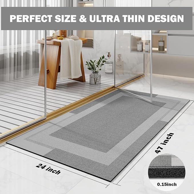 Non Slip Long Bath Mat Bathroom Runner, Rubber Backing Ultra Thin Bathroom Rugs Fit Under Door Quick Dry Super Absorbent Washable Bath Rug Shower Mat for Bathtub Sink Floor, Grey 24"x48"
