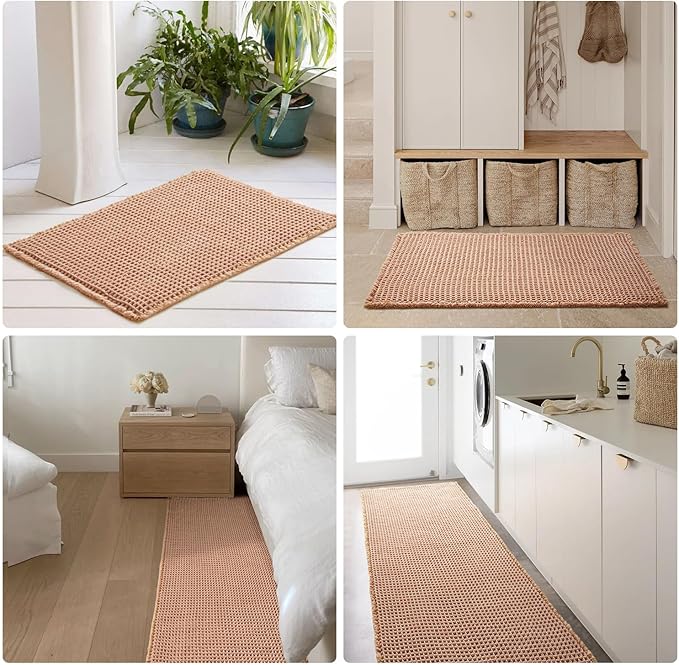 Waffle Bath Mat, Boho Bathroom Rugs Non Slip Washable Super Absorbent Quick Dry Bath Mat Farmhouse Bathroom Decor, 48"x24" Light Peach