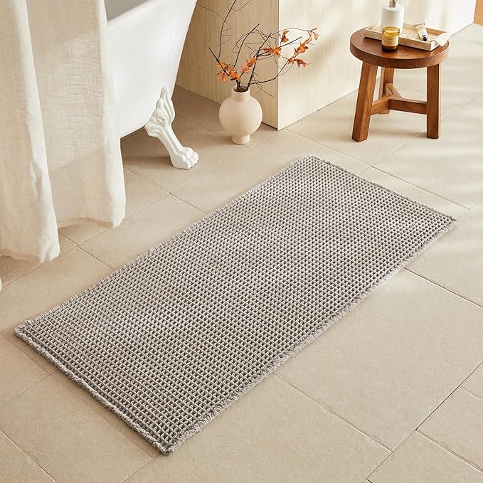 Waffle Bath Mat, Boho Bathroom Rugs Non Slip Washable Super Absorbent Quick Dry Bath Mat Farmhouse Bathroom Decor, 48"x24" Light Grey