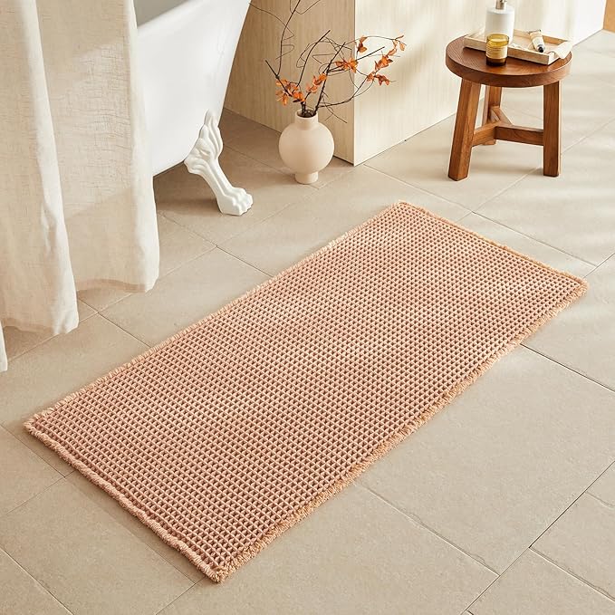 Waffle Bath Mat, Boho Bathroom Rugs Non Slip Washable Super Absorbent Quick Dry Bath Mat Farmhouse Bathroom Decor, 48"x24" Light Peach