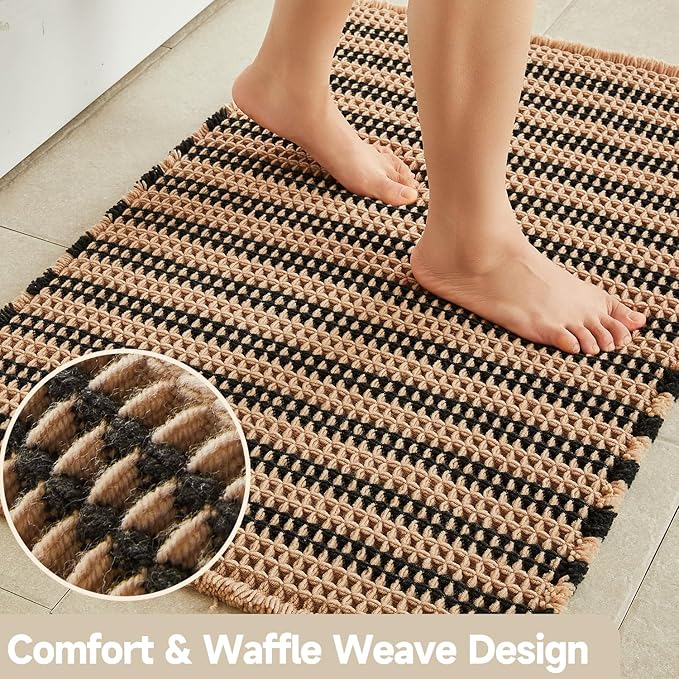Waffle Bath Mat, Boho Bathroom Rugs Non Slip Washable Super Absorbent Quick Dry Bath Mat Farmhouse Bathroom Decor, 36"x24" Black and Khaki