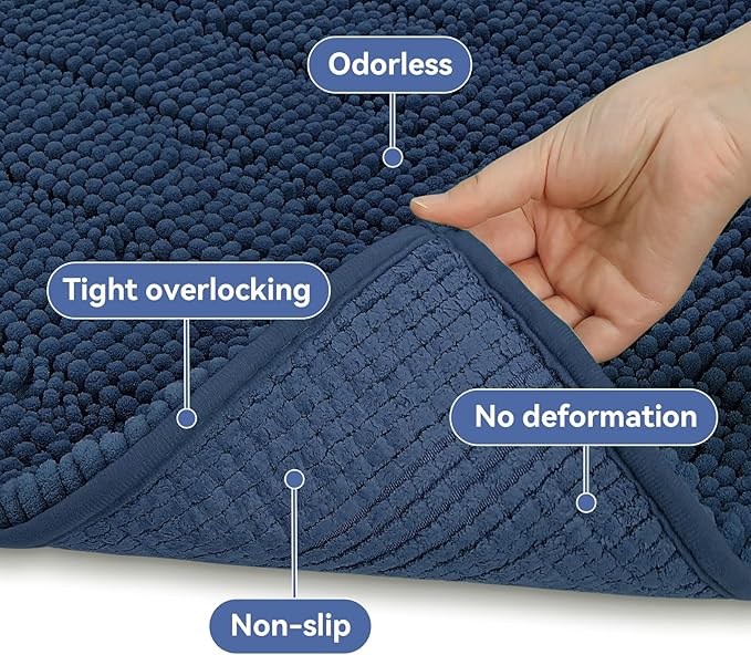 Bcoimo 44"×24" Chenille Bath Mat – Non-Slip with Backing Bath Rug Ultra-Absorbent and Machine Washable Bathroom Mat Quick-Dry Design. Ideal for Bathroom and Tub Areas