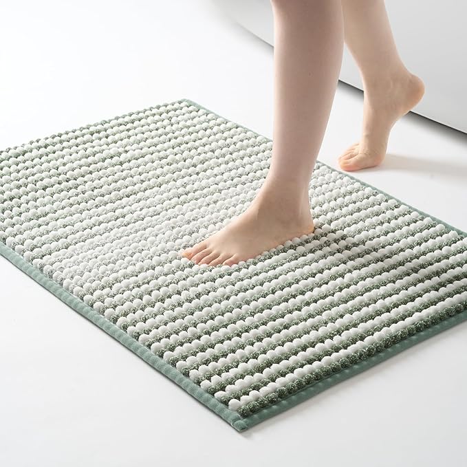 FRESHMINT Chunky Ombre Chenille Bathroom Rug 24"x36", Large Water Absorbent Soft Bath Rugs for Bathroom Floor, Thick Non Slip Bath Mat Washable Quick Dry Shower Mats, Sage Green and White