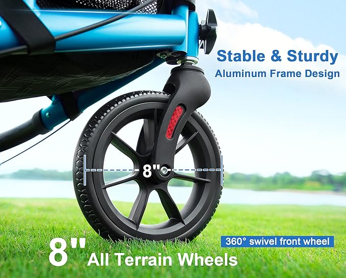 WALK MATE 3 Wheel Rollator Walker with Seat for Slim Seniors, Padded Backrest Lightweight Foldable Walker Ideal for Elderly, 8 Inch Tri-Wheel Modern Mobility Walking Aid Aluminum, Blue