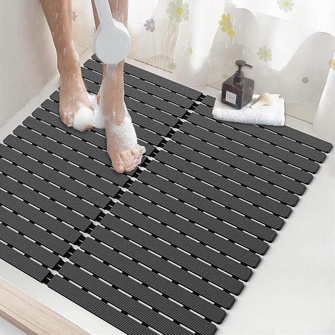 Shower Mat Non-Slip Bath Mat for Tub and Shower Stall,200+ Suction Cups with Drain Holes, Quick Dry Machine Washable, Extra Grip for Elderly and Baby, Bathroom Essentials 24x24 Inch(Black)