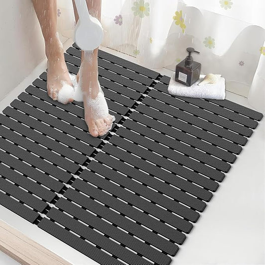 Shower Mat Non-Slip Bath Mat for Tub and Shower Stall,200+ Suction Cups with Drain Holes, Quick Dry Machine Washable, Extra Grip for Elderly and Baby, Bathroom Essentials 24x24 Inch(Black)