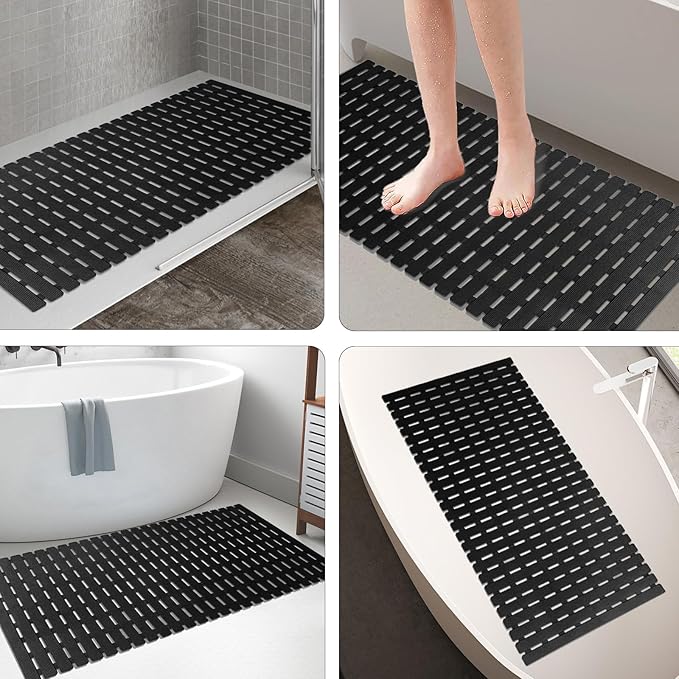 MBOSS Bath Tub Shower Mat Non Slip Bathtub Mats for Bathroom Shower Floor Mat Bath Mats for Shower Tub Anti Slip Shower Mat with Drain Hole and Large Suction Cups (Black, 37.5 X 15.7 Inch)