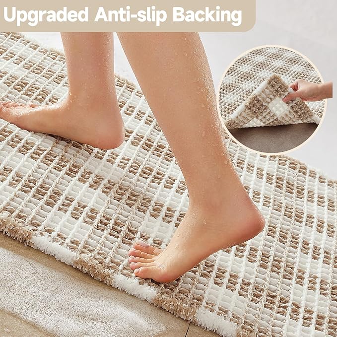Waffle Bath Mat, Boho Bathroom Rugs Non Slip Washable Absorbent Checkered Bathroom Mat Quick Dry Farmhouse Bathroom Decor, 24"x16" Khaki and White