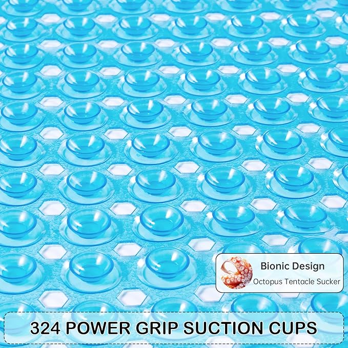 Linoows Non-Slip Bathtub and Shower Mats, Power Grip Bath Mat 35 x 16.3 Inch with Suction Cups and Drain Holes for Tub Bathroom Floor Safety, Machine Washable Soft Bathmat, Clear Blue