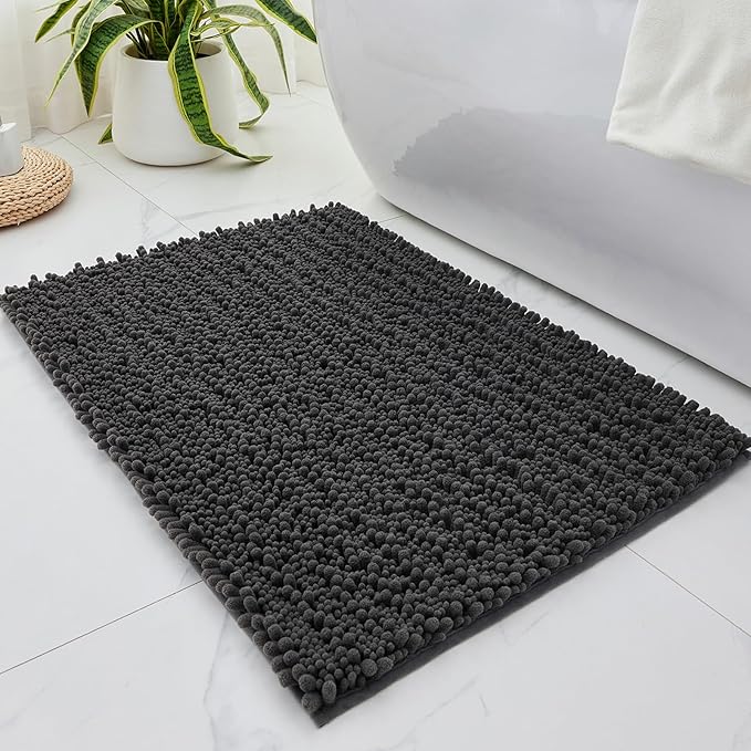 Non Slip Bathroom Rug Machine Washable Thick Dark Grey Bath Mat 24x36 Soft Absorbent Bathroom Floor Mat Chenille Bath Rug for Shower Tub