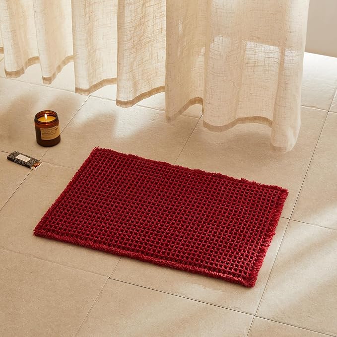Waffle Bath Mat, Boho Bathroom Rugs Non Slip Washable Super Absorbent Quick Dry Bath Mat Farmhouse Bathroom Decor, 24"x16" Burgundy
